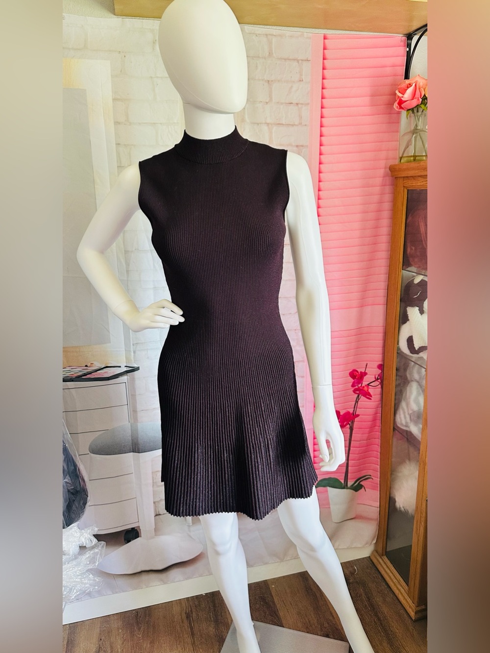 Theory Plaited Sleeveless Ribbed Knit Mock-Neck Dress—Plum